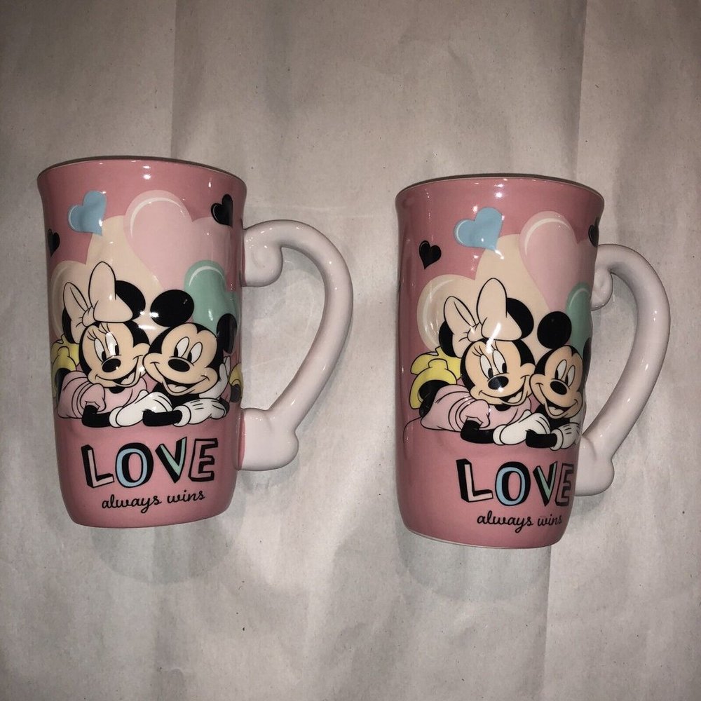 Pair of 2 New Disney Mickey & Minnie Mouse Ceramic Coffee Mugs - Valentines Day